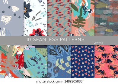 Collection of seamless patterns. Abstract design elements in set. Doodles with crayon and grunge texture roughly hand drawn.
