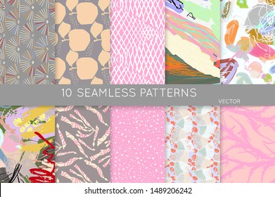 Collection of seamless patterns. Abstract design elements in set. Doodles with crayon and grunge texture roughly hand drawn.