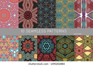 Collection of seamless patterns. Abstract design elements in set. Colored decorative repainting background with tribal and ethnic motifs 