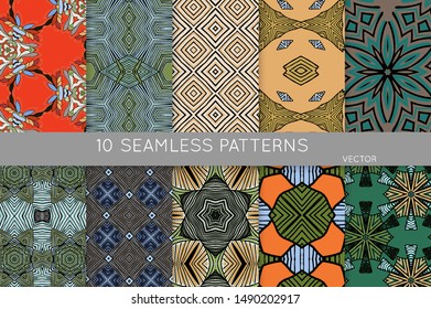 Collection of seamless patterns. Abstract design elements in set. Colored decorative repainting background with tribal and ethnic motifs 