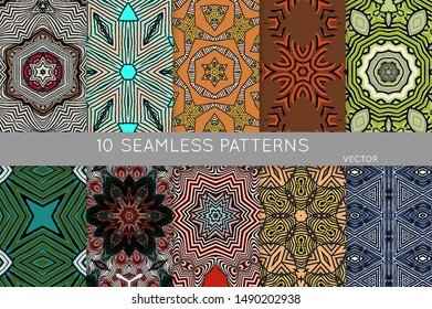 Collection of seamless patterns. Abstract design elements in set. Colored decorative repainting background with tribal and ethnic motifs 