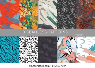 Collection of seamless patterns. Abstract design elements in set. Doodles with crayon and grunge texture roughly hand drawn.