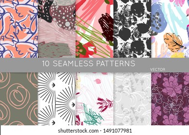 Collection of seamless patterns. Abstract design elements in set. Doodles with crayon and grunge texture roughly hand drawn.