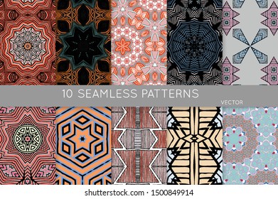 Collection of seamless patterns. Abstract design elements in set. Colored decorative repainting background with tribal and ethnic motifs 