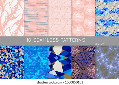 Collection of seamless patterns. Abstract design elements in set. Doodles with crayon and grunge texture roughly hand drawn.