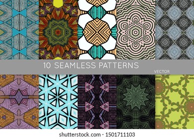Collection of seamless patterns. Abstract design elements in set. Colored decorative repainting background with tribal and ethnic motifs 
