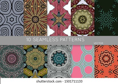 Collection of seamless patterns. Abstract design elements in set. Colored decorative repainting background with tribal and ethnic motifs 