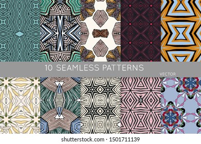 Collection of seamless patterns. Abstract design elements in set. Colored decorative repainting background with tribal and ethnic motifs 