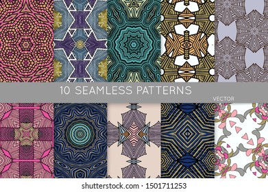 Collection of seamless patterns. Abstract design elements in set. Colored decorative repainting background with tribal and ethnic motifs 