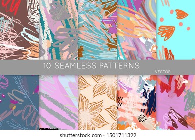 Collection of seamless patterns. Abstract design elements in set. Doodles with crayon and grunge texture roughly hand drawn.