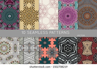 Collection of seamless patterns. Abstract design elements in set. Colored decorative repainting background with tribal and ethnic motifs 