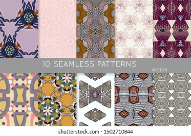 Collection of seamless patterns. Abstract design elements in set. Colored decorative repainting background with tribal and ethnic motifs 