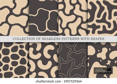 Colección de patrones sin fisuras con formas abstractas. Fondos vectoriales creativos marrones. Dibujando texturas interminables a la moda. Puede encontrar un diseño repetible en el panel de swatches