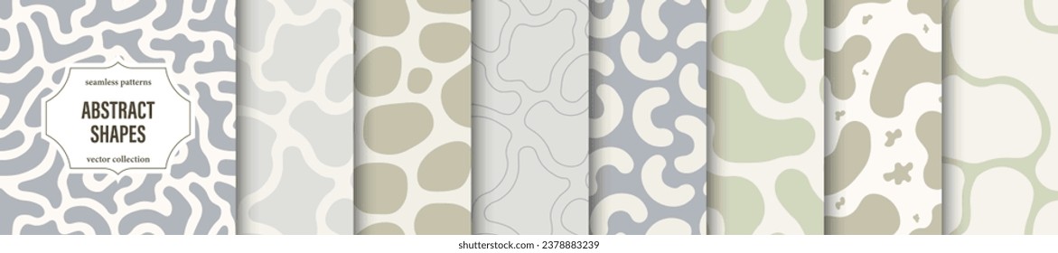Collection of seamless patterns with abstract shapes. Delicate color creative vector backgrounds. Drawing trendy endless textures - tile design. Unusual spotted prints