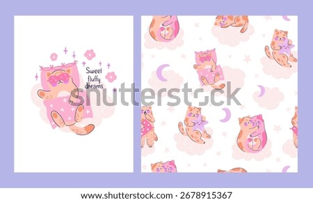 Collection seamless patterns with adorable kittens and composition with cute cat sleeping on cloud. Set background, print for design of kids clothes, textiles, wrapping paper. Vector illustration