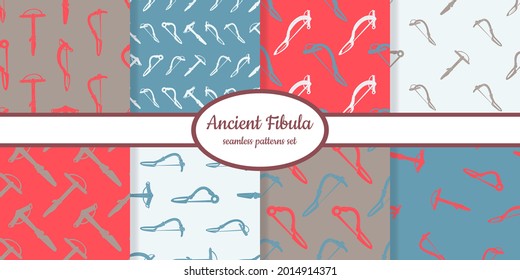 Collection of seamless patterns with ancient brooch fibula designed for web, fabric, paper and all prints 