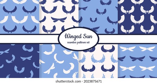 Collection of seamless patterns with ancient egyptian symbol Winged sun designed for web, fabric, paper and all prints 