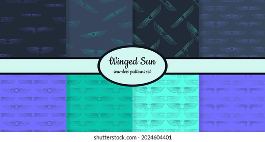 Collection of seamless patterns with ancient egyptian symbol Winged sun designed for web, fabric, paper and all prints 