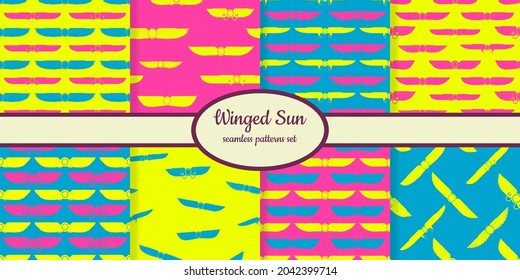 Collection of seamless patterns with ancient egyptian symbol Winged sun designed for web, fabric, paper and all prints 