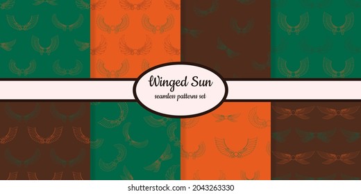 Collection of seamless patterns with ancient egyptian symbol Winged sun designed for web, fabric, paper and all prints 