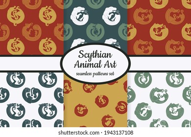 Collection of seamless patterns with ancient Scythian art and animal motifs designed for web, fabric, paper and all prints 