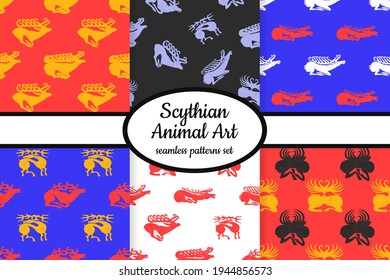 Collection of seamless patterns with ancient Scythian art and animal motifs designed for web, fabric, paper and all prints 