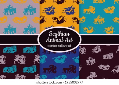 Collection of seamless patterns with ancient Scythian art and animal motifs designed for web, fabric, paper and all prints 