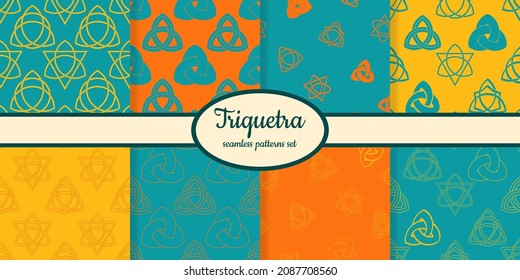 Collection of seamless patterns with Ancient sign Triquetra designed for web, fabric, paper and all prints 