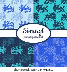 Collection of seamless patterns with ancient Slavic symbol Simargl or Chernihiv Beast designed for web, fabric, paper and all prints 