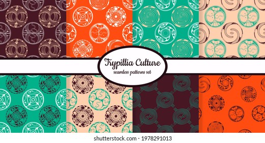 Collection of seamless patterns with ancient symbols from Cucuteni Trypillia designed for web, fabric, paper and all prints 