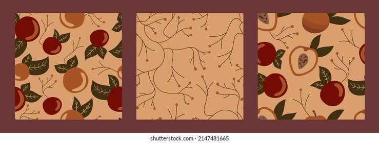 Collection of seamless patterns with apples and peaches. Vector fruit backgrounds.	