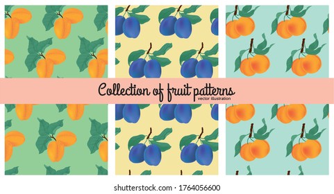 Colección de patrones sin soldadura con ramas de albaricoque, ciruela y melocotón y hojas verdes ilustración botánica apta para la etiqueta o el paquete de fruta