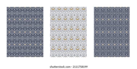 Colección de motivos impecables de estilo Art Nouveau y Art Déco. Un interminable adorno de una línea en el minimalismo. Blanco y oro. Formas geométricas, luna, luna creciente, follaje.