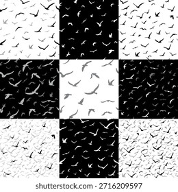 A collection of seamless patterns with birds. A flock of flying silhouette birds. Set. White seagulls on a black background.