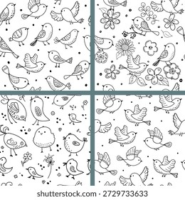 Una colección de patrones sin fisuras con pájaros. Pájaro dibujado a mano. Doodle. Líneas negras sobre un fondo blanco. Conjunto.