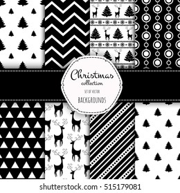 Collection of seamless patterns with black and white colors. Set of seamless backgrounds with traditional symbols - snowflakes, pine tree,deer,holly berry and suitable abstract patterns.