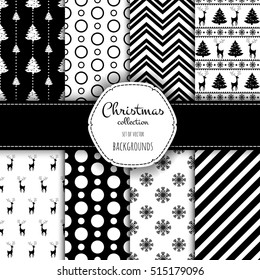 Collection of seamless patterns with black and white colors. Set of seamless backgrounds with traditional symbols - snowflakes, pine tree,deer,holly berry and suitable abstract patterns.