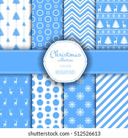 Collection of seamless patterns with blue and white colors. Set of seamless backgrounds with traditional symbols - snowflakes, pine tree,deer and suitable abstract patterns.