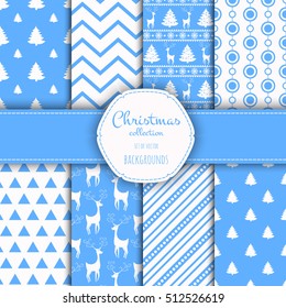 Collection of seamless patterns with blue and white colors. Set of seamless backgrounds with traditional symbols - snowflakes, pine tree,deer and suitable abstract patterns.