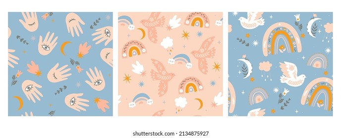 Collection of seamless patterns in boho style. Vector graphics.