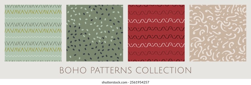 Collection of seamless patterns in Boho style. Abstract shapes and ornamental motifs. Perfect square tiles for prints, textiles, wallpapers, and wrapping paper. Swatches included. Vector illustrations