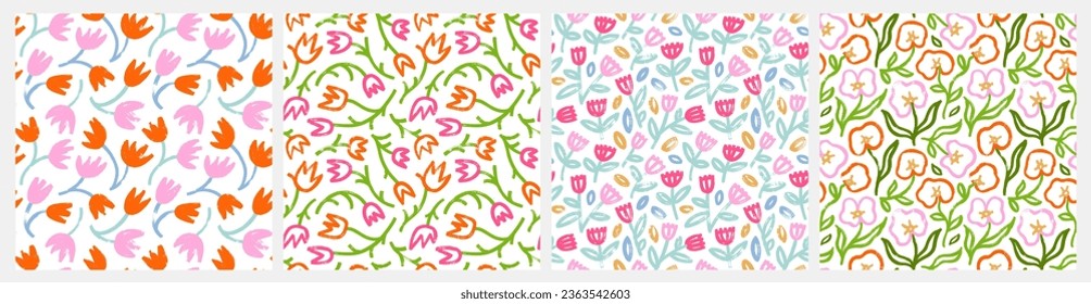 Collection seamless patterns with brush-drawn colorful tulips and lilies flowers. Abstract floral motif background. Set of wrapping paper with multi colored bold tulips on stems with leaves.