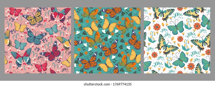 Colección de patrones sin fisuras con mariposas. Gráficos vectoriales.