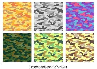 Collection of seamless patterns with camouflage. Different colors.