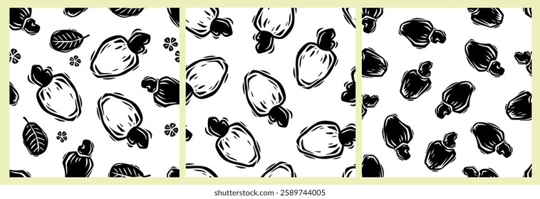 Collection of seamless patterns of cashew nuts. Hand drawn drawing in woodcut style. Editable vector illustration, black on white background.