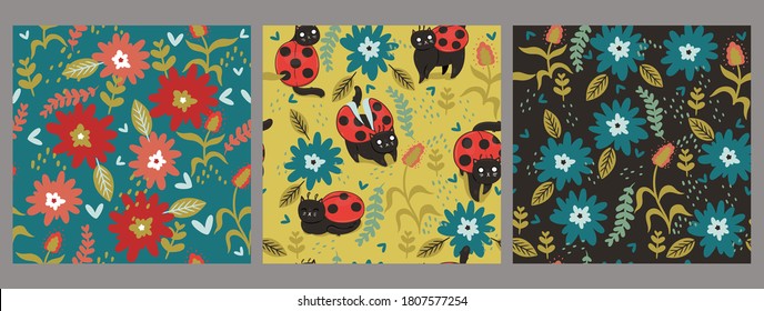 Collection of seamless patterns with cat-beetles and flowers. Vector graphics.