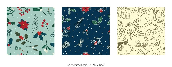 Sammlung nahtloser Muster. Weihnachtsgrün, Blumen und Blumen. Winterpflanzen, Hintergrund, Bildschirmhintergrund, Verpackungspapier, Stoffdruck, Stoffdesign, Hintergrund