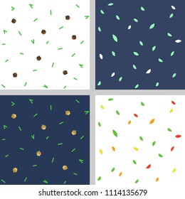 Collection of seamless patterns with coniferous needles and cones and also with leaf fall.  Great for prints, textiles, covers, gift, wrappers, backdrops.