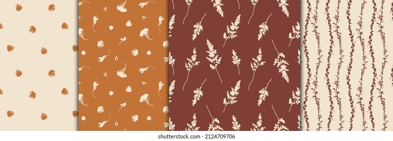 Colección de patrones sin fisuras en estilo de país. Silhouettes botánicas naturales