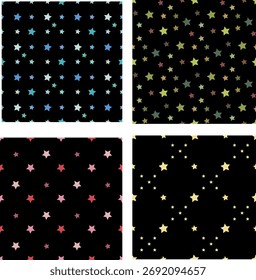 Colección con patrones sin fisuras con estrellas creativas sobre fondo negro. Imagen de Vector.